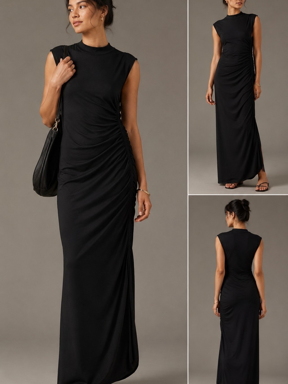 NWT Anthropologie Daily Practice Black Ruched Maxi Dress Size Small Mock Neck